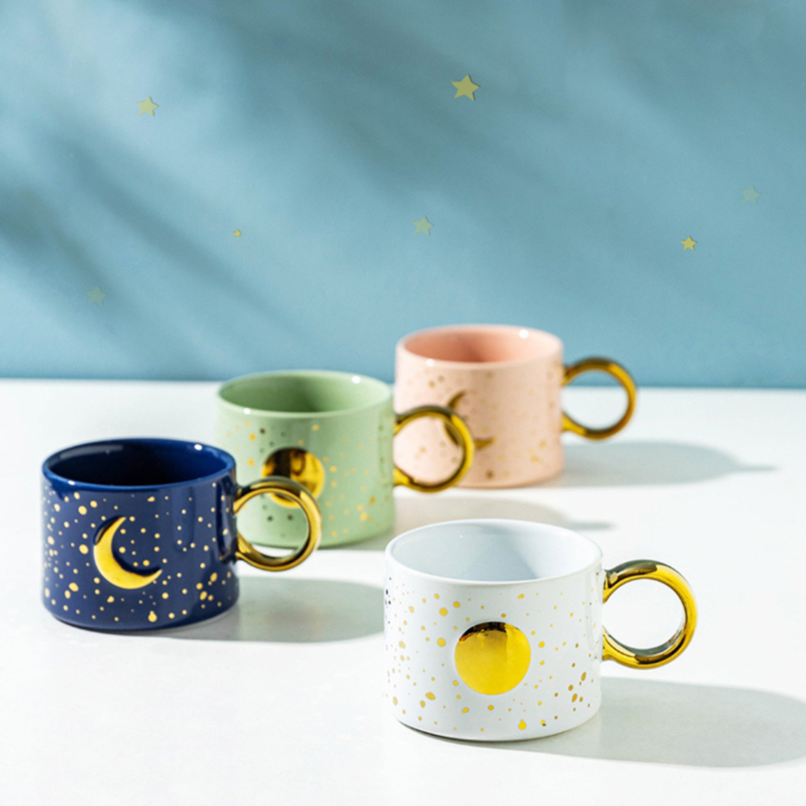 Ceramic Mug with Sun and Moon Design 300 ml - with Gold Handle