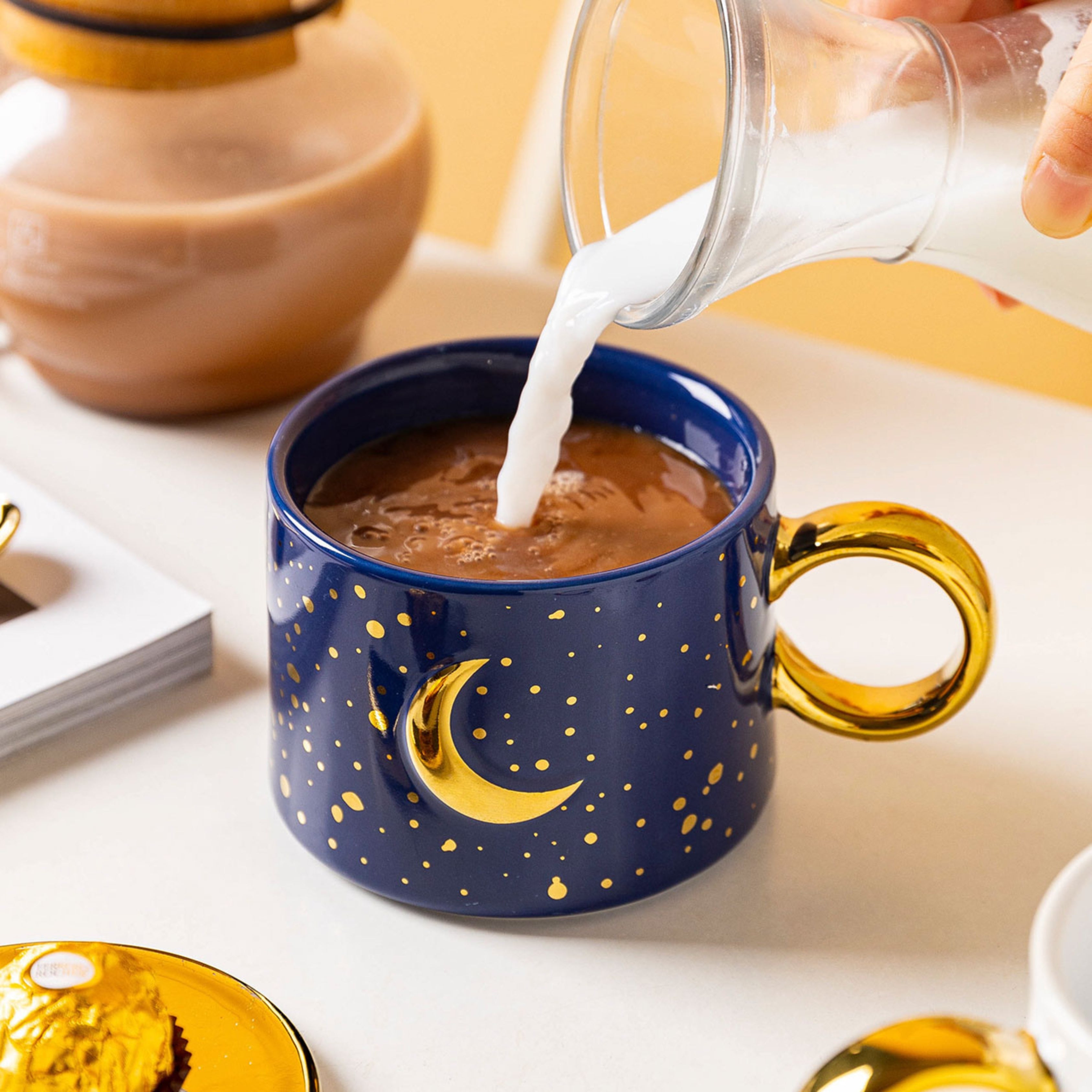 Ceramic Mug with Sun and Moon Design 300 ml - with Gold Handle