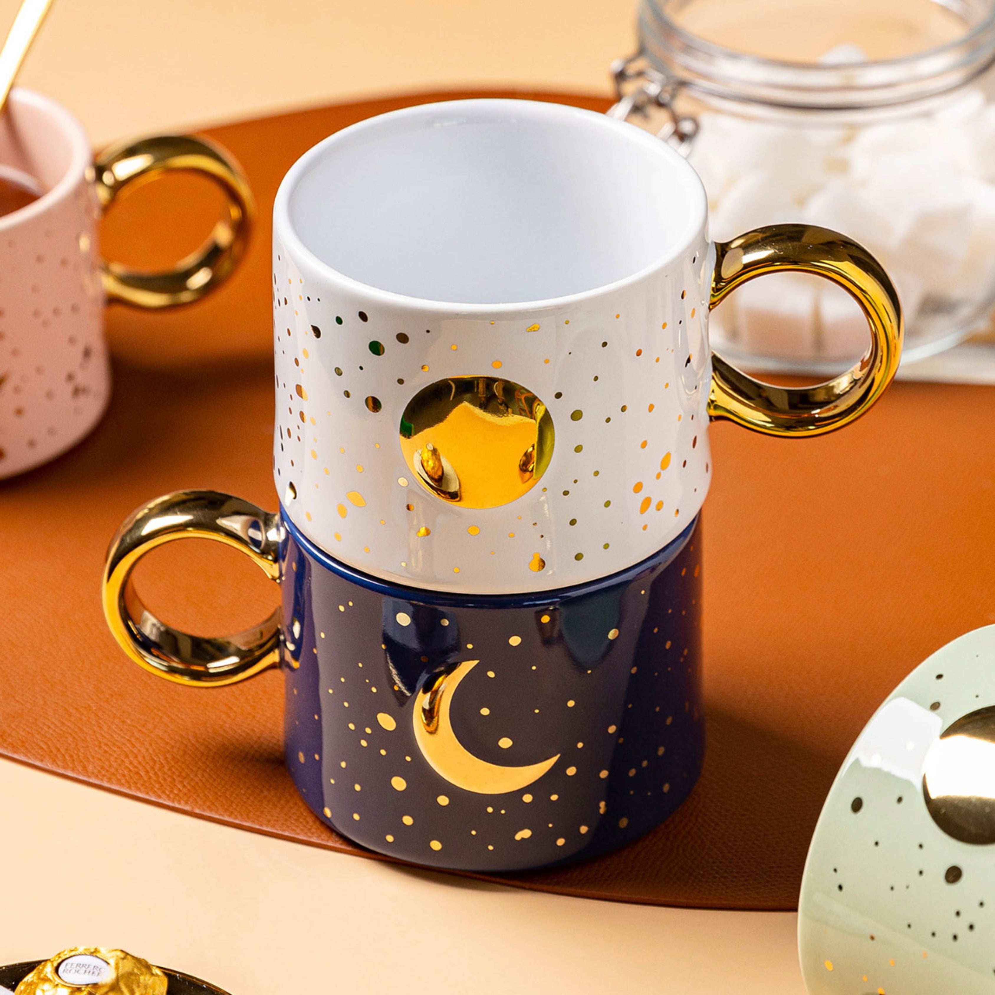 Ceramic Mug with Sun and Moon Design 300 ml - with Gold Handle