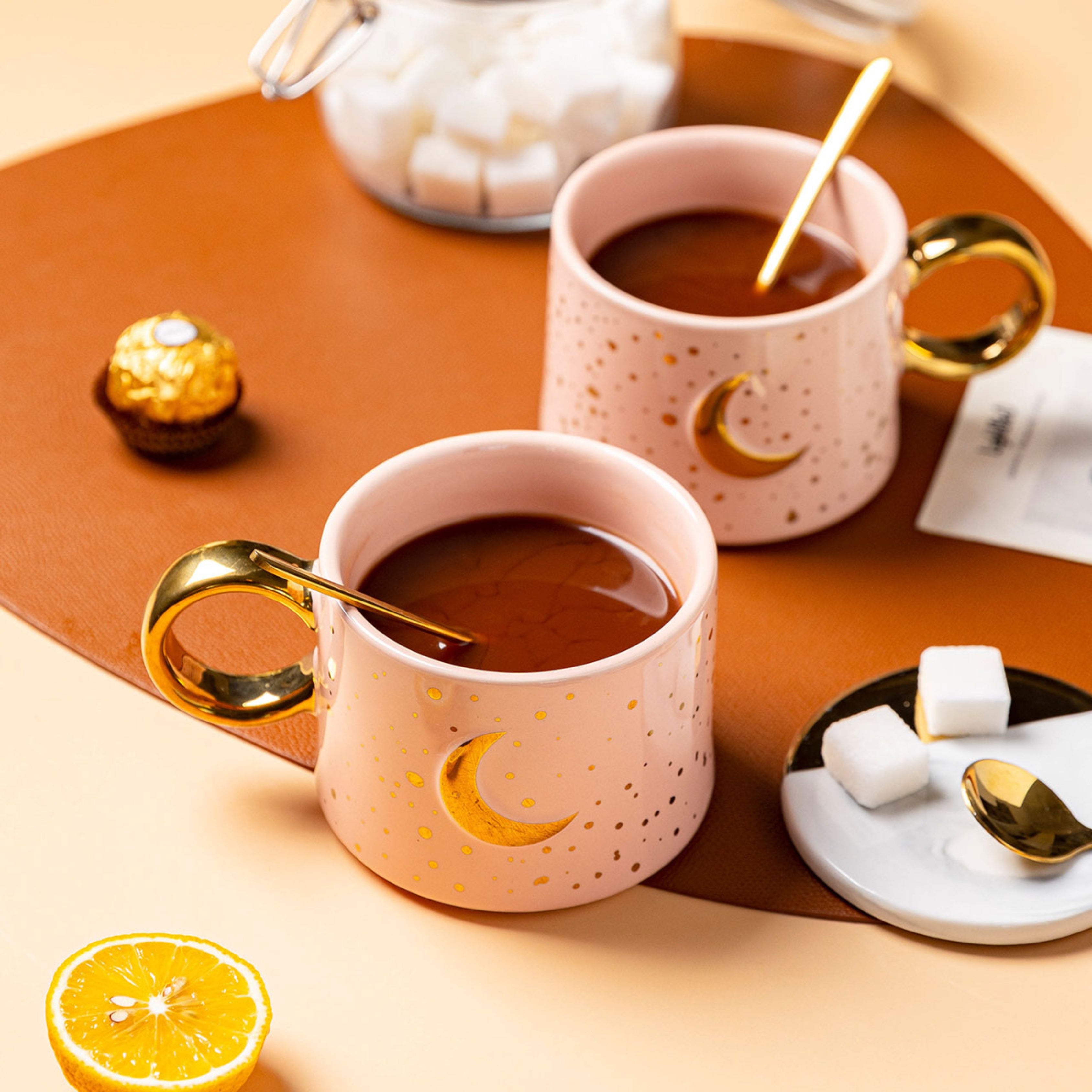 Ceramic Mug with Sun and Moon Design 300 ml - with Gold Handle