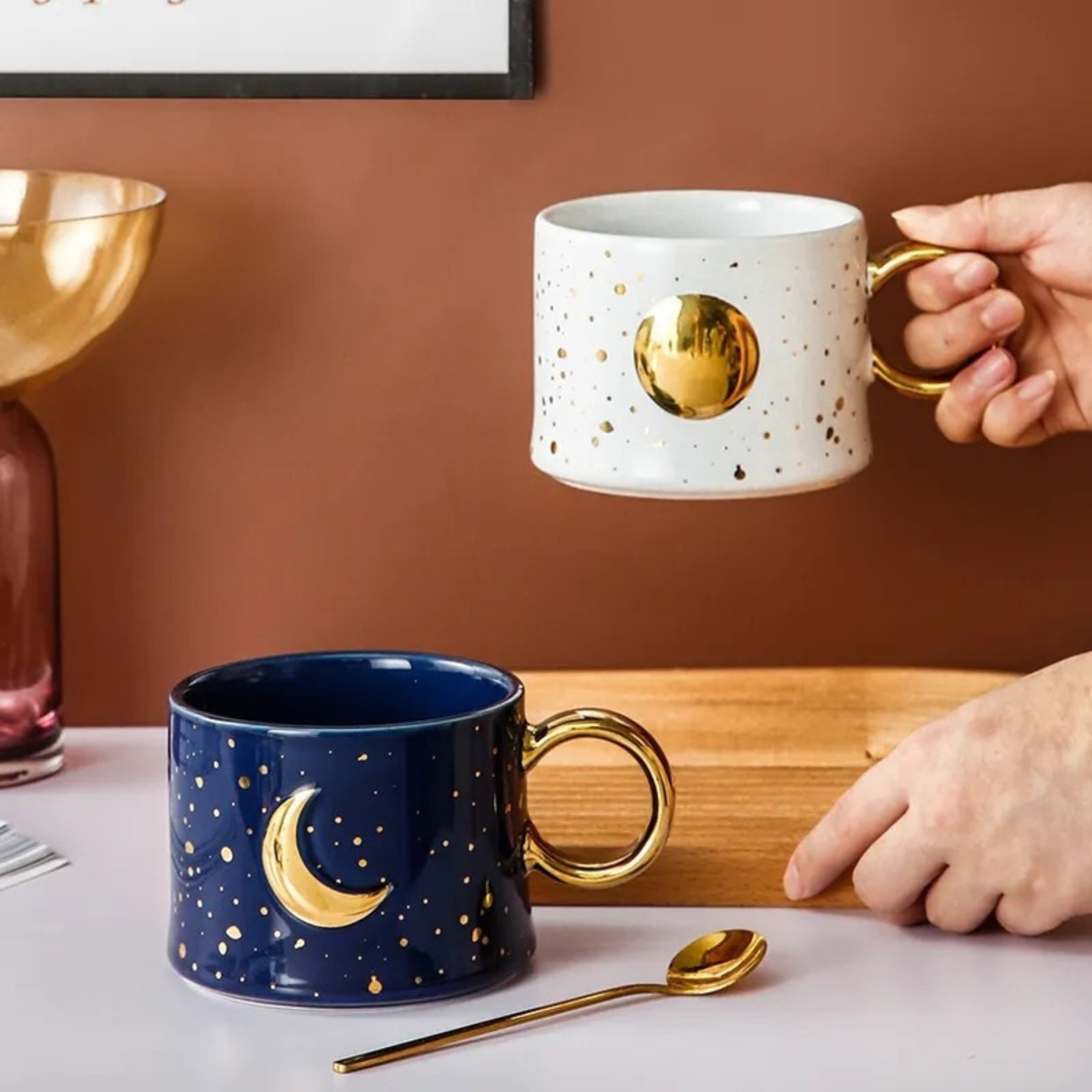 Ceramic Mug with Sun and Moon Design 300 ml - with Gold Handle