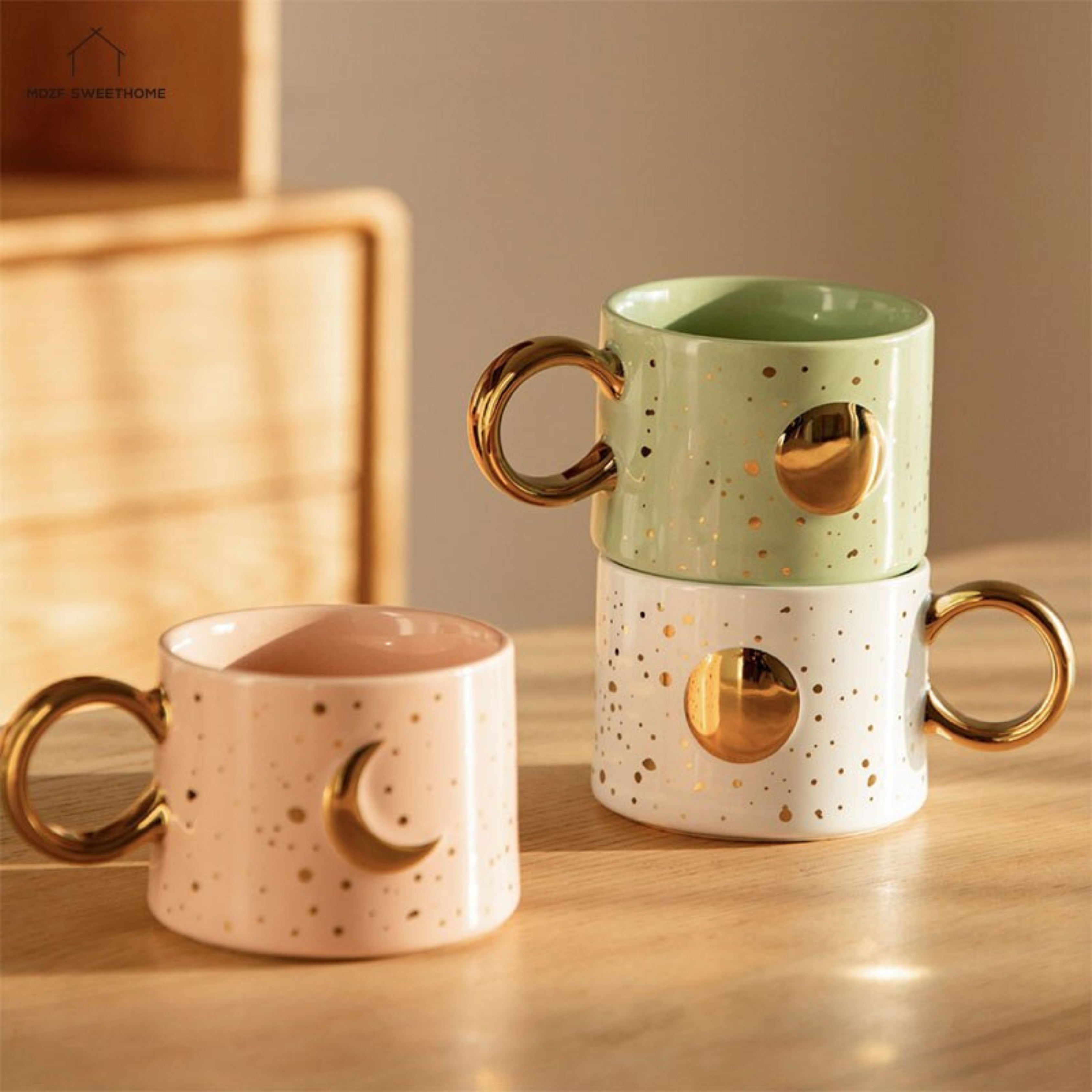 Ceramic Mug with Sun and Moon Design 300 ml - with Gold Handle