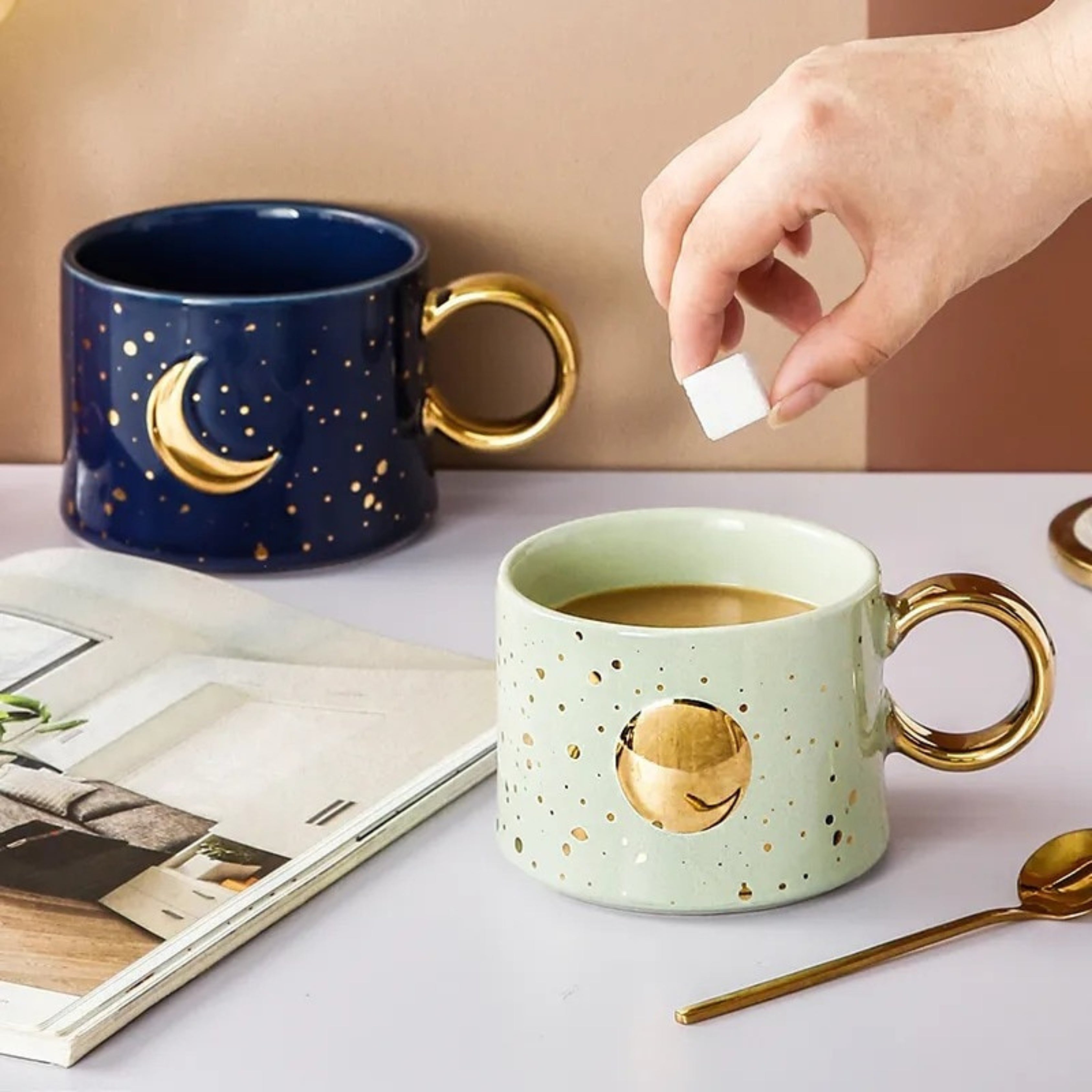 Ceramic Mug with Sun and Moon Design 300 ml - with Gold Handle