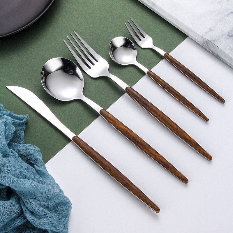 Simple Wooden Handle Cutlery Set - Complete Tableware for Dining Use