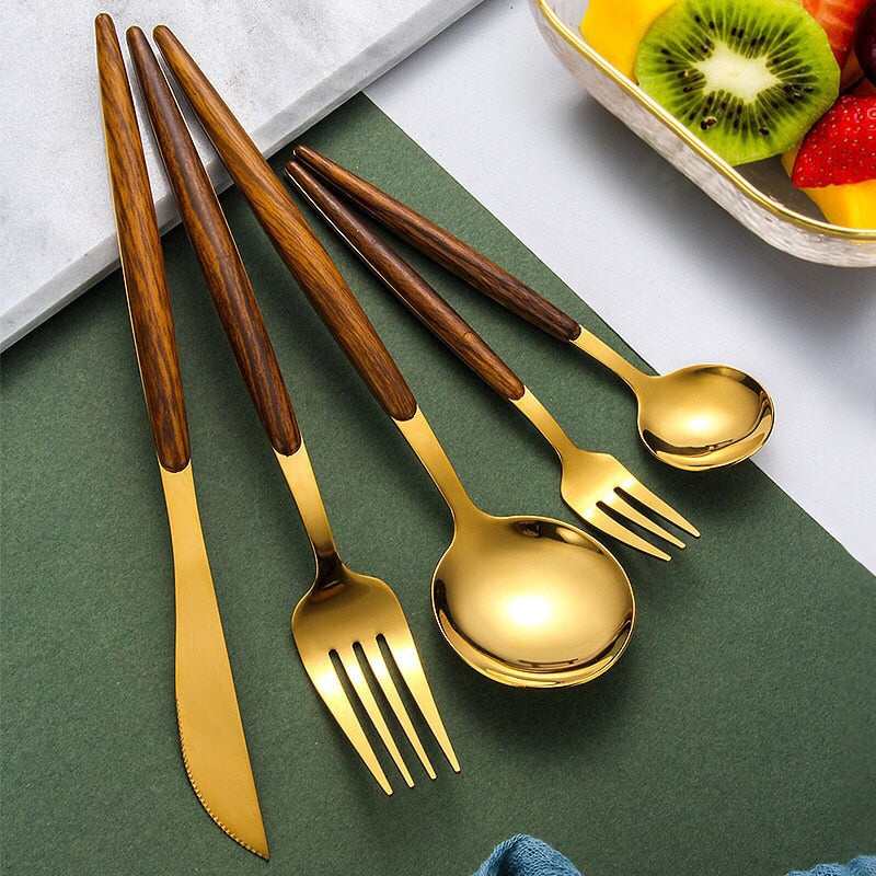 Simple Wooden Handle Cutlery Set - Complete Tableware for Dining Use