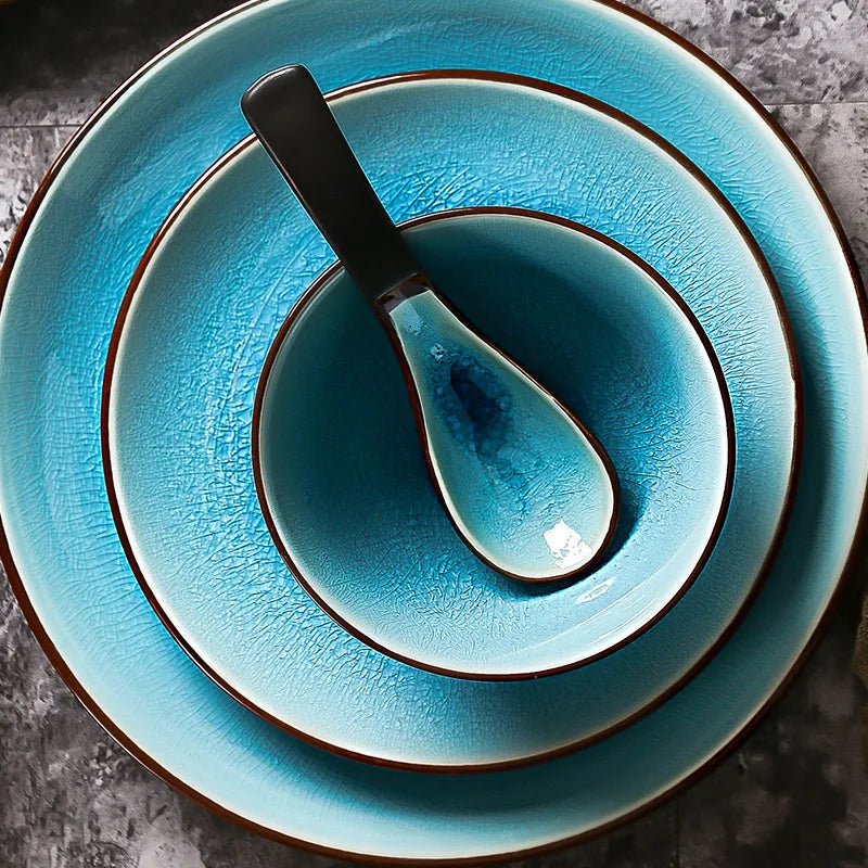 Set of Blue Resin Glaze Tableware - Ice Crack Effect