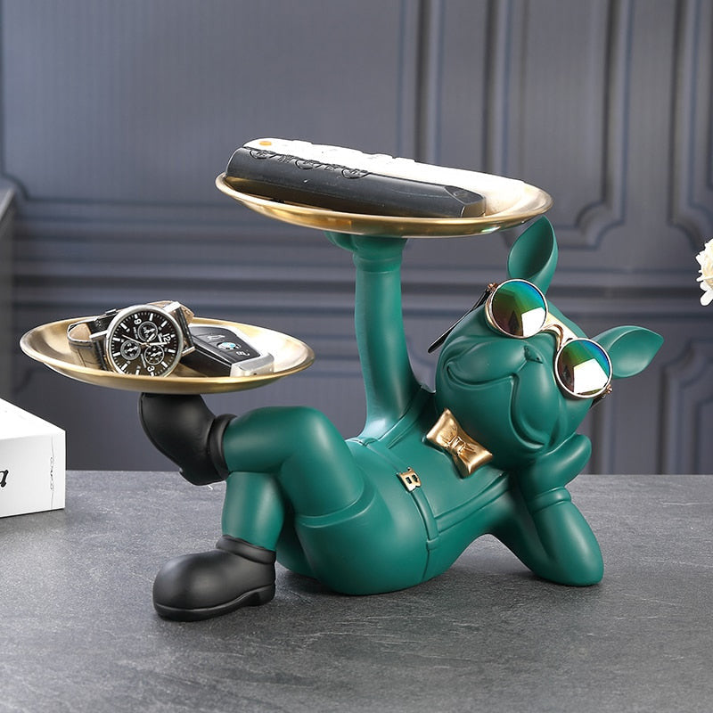 VerdeLux - Lazy Bulldog Sculpture with Double Bowl