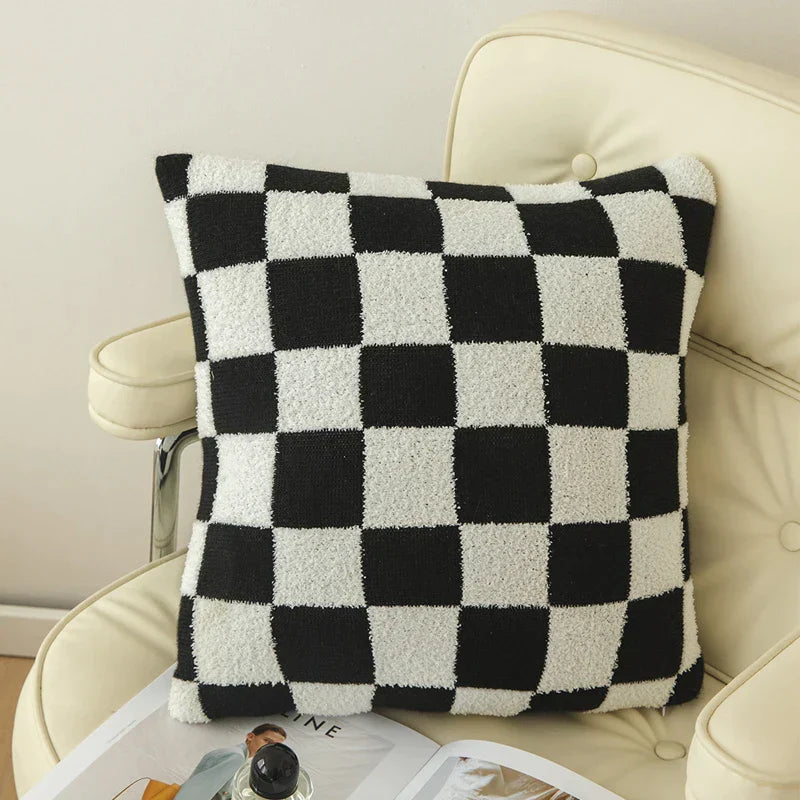 Square Cushion Cover with Check Pattern in Black, Orange and Green - Made from 100% Polyester