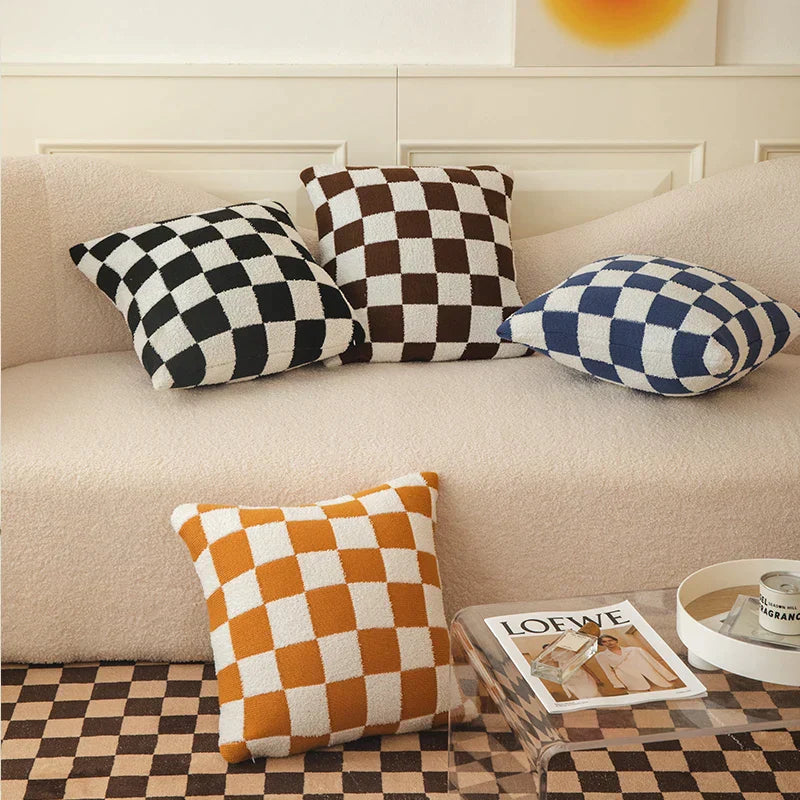 Square Cushion Cover with Check Pattern in Black, Orange and Green - Made from 100% Polyester