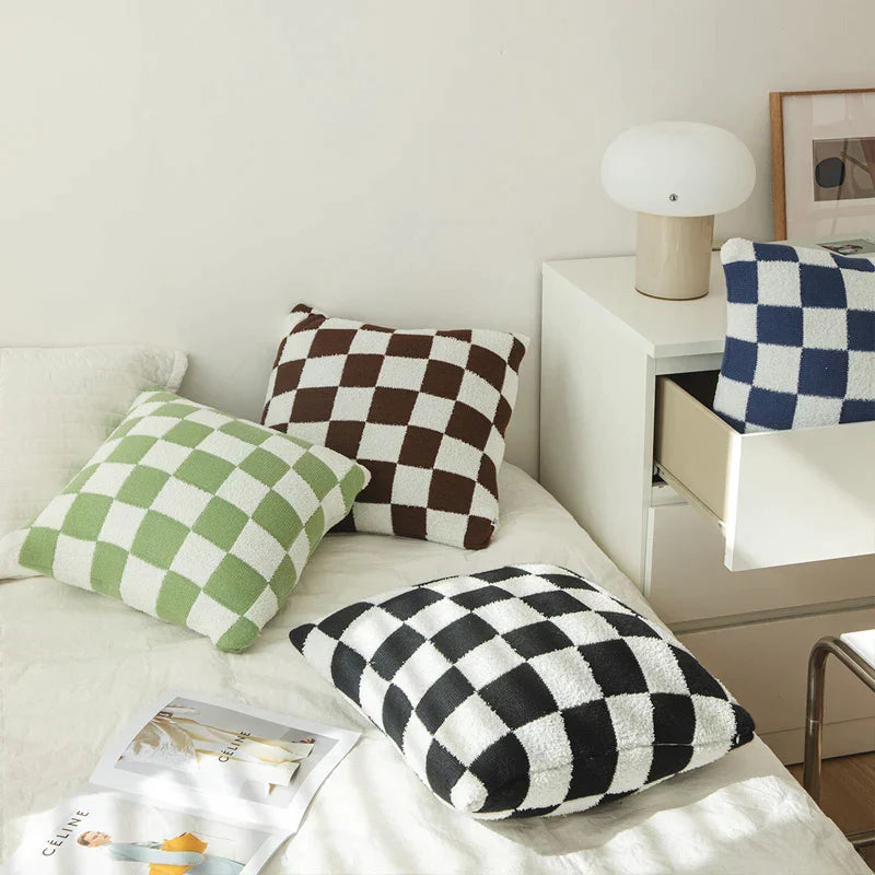 Square Cushion Cover with Check Pattern in Black, Orange and Green - Made from 100% Polyester