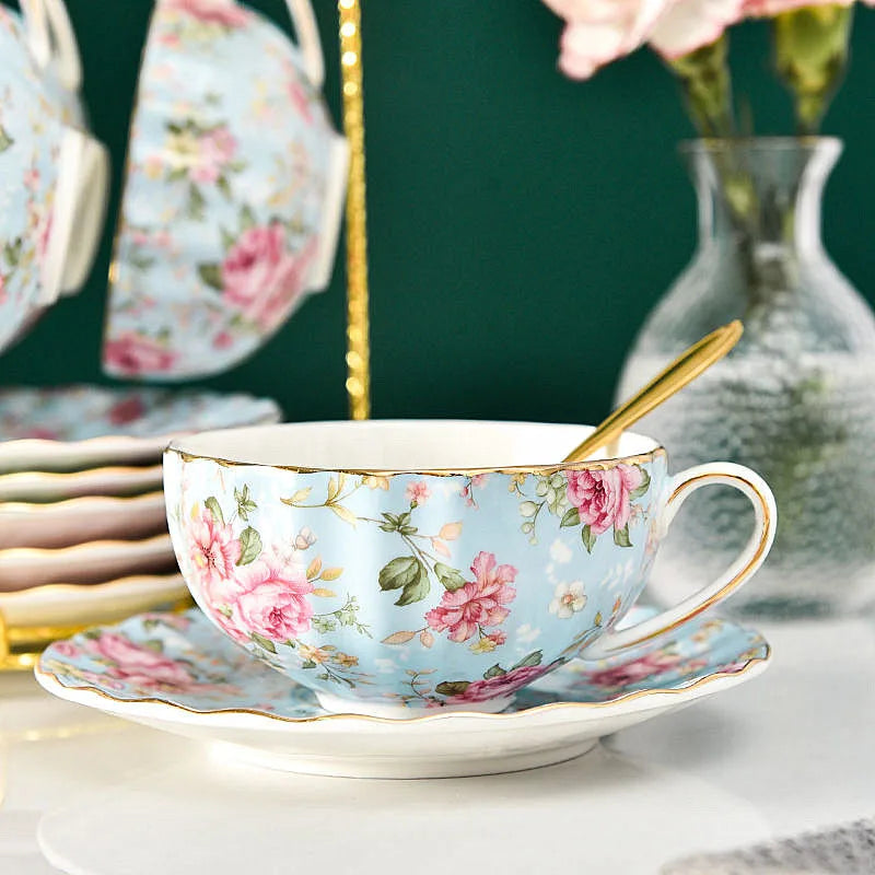 Elegant Floral Tea Cup Set with Spoon and Saucer