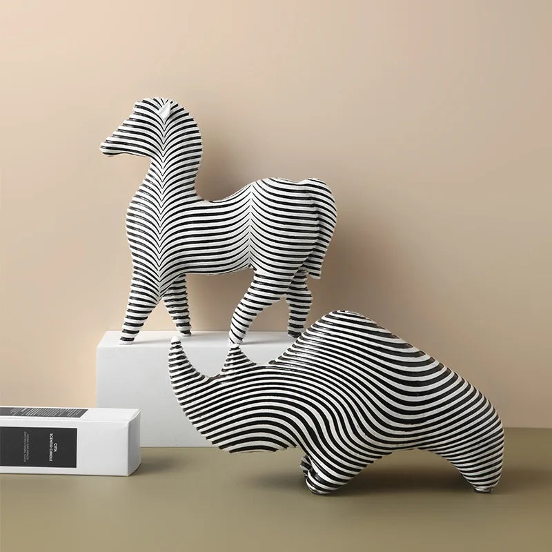 Black and White Rhino Decorative Figure - Modern Resin Art for Living Room and Office