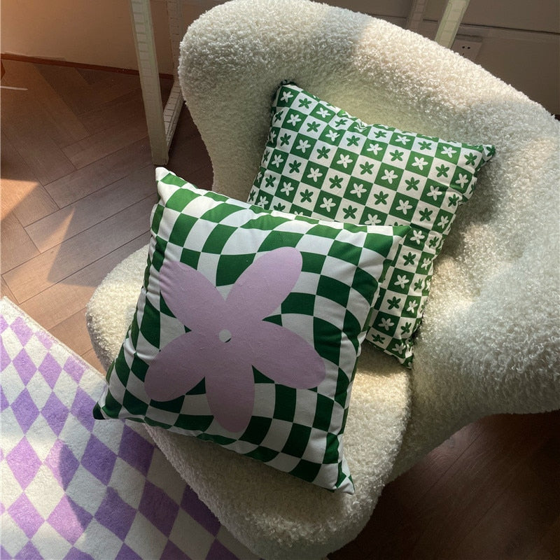 Lilac Green Floral Check Cushion Cover