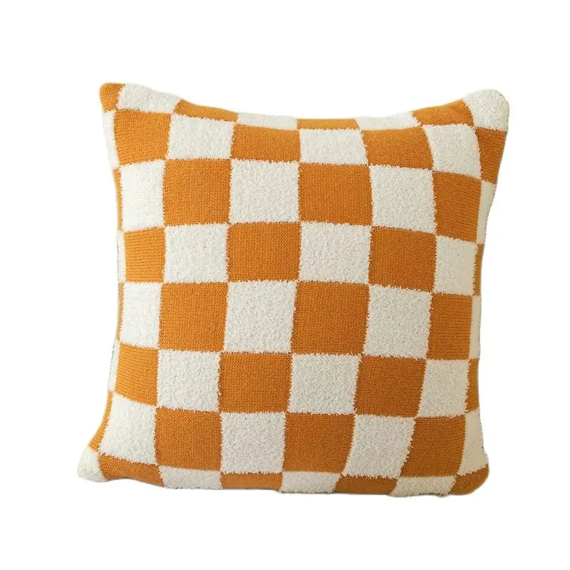 Square Cushion Cover with Check Pattern in Black, Orange and Green - Made from 100% Polyester