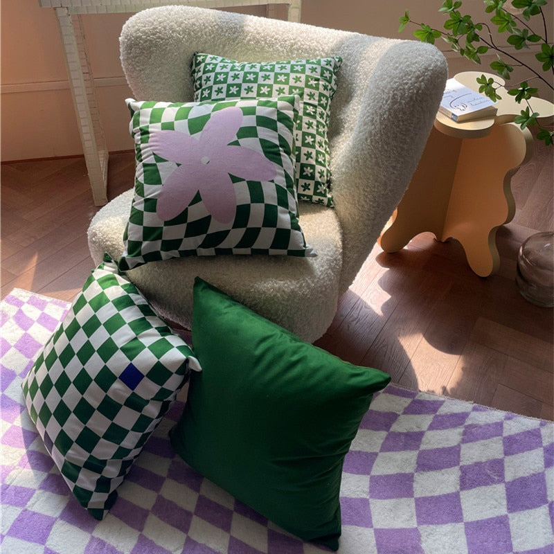 Lilac Green Floral Check Cushion Cover