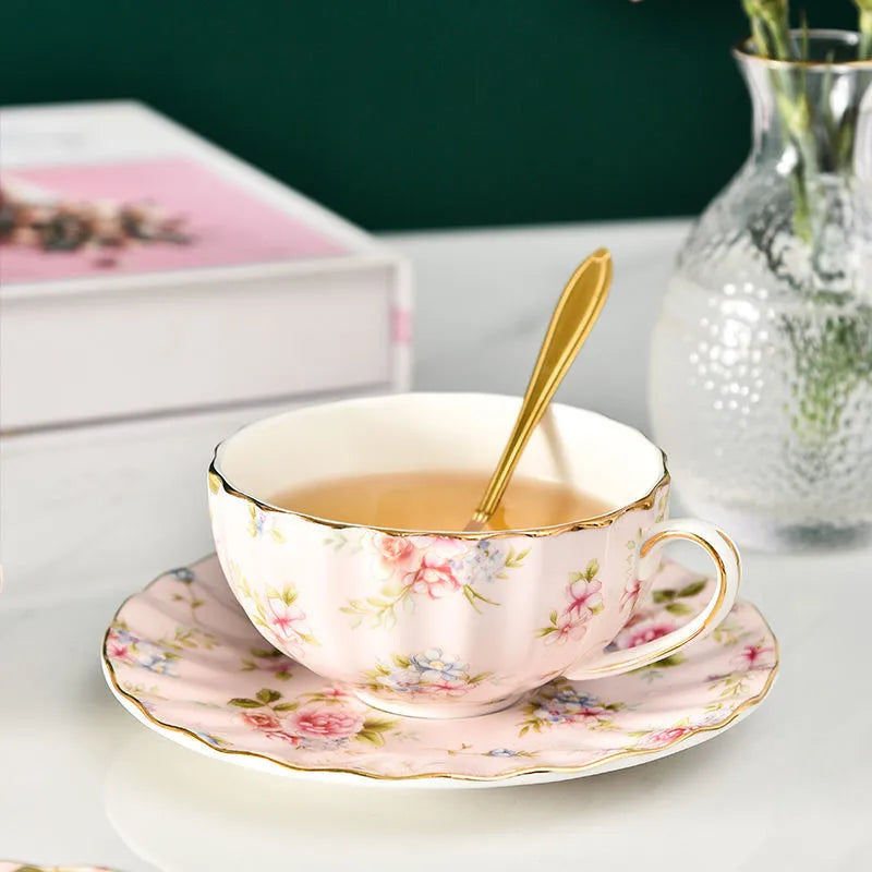 Elegant Floral Tea Cup Set with Spoon and Saucer