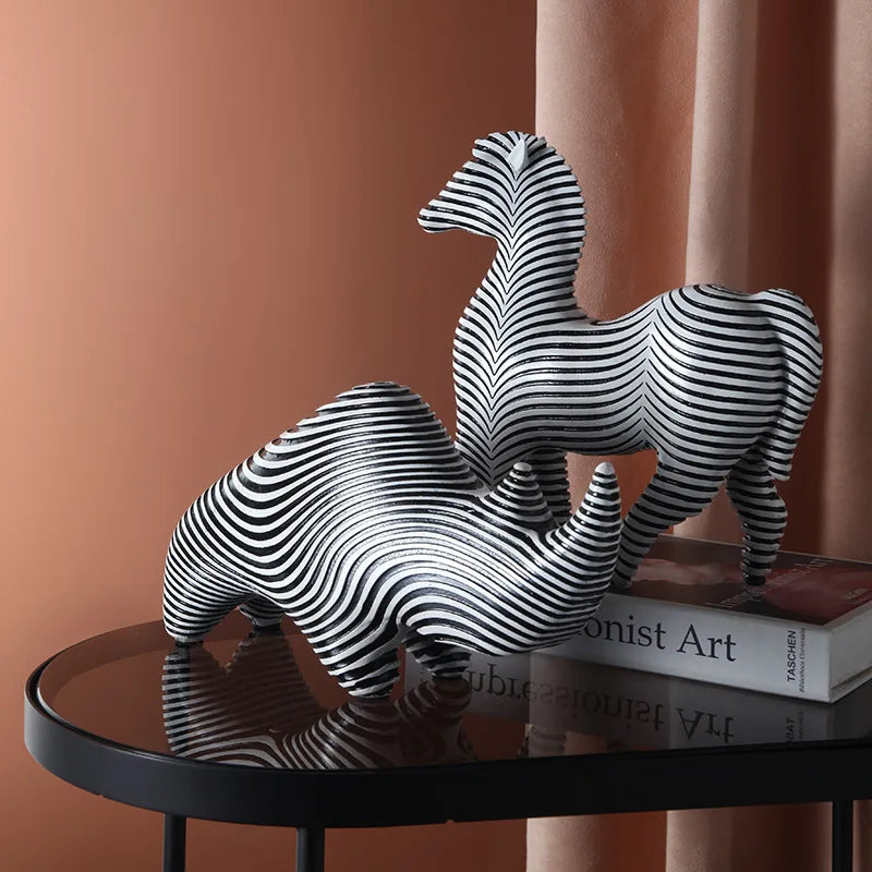 Black and White Rhino Decorative Figure - Modern Resin Art for Living Room and Office