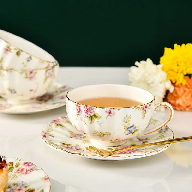 Elegant Floral Tea Cup Set with Spoon and Saucer