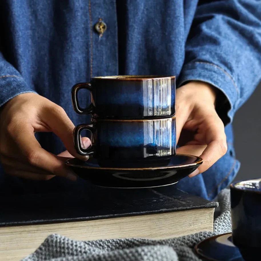 Set of 2 Mug and Saucer - Handmade with Blue Wood-like Colour