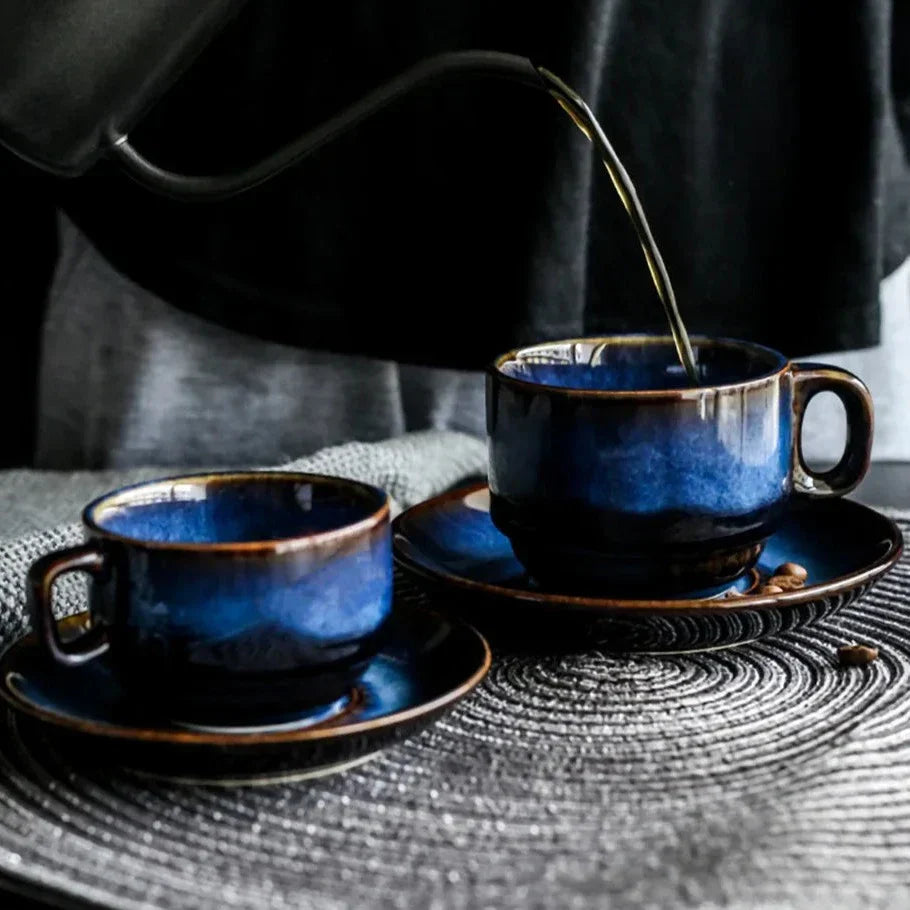 Set of 2 Mug and Saucer - Handmade with Blue Wood-like Colour