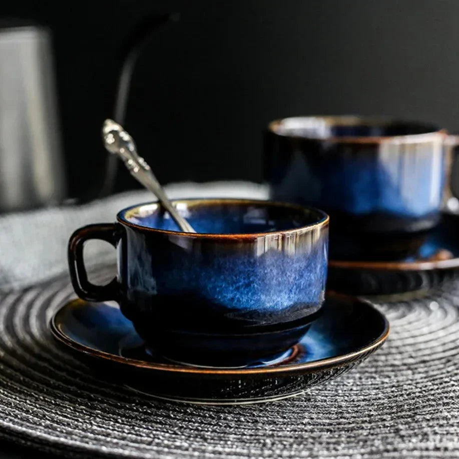 Set of 2 Mug and Saucer - Handmade with Blue Wood-like Colour