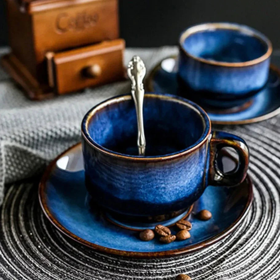 Set of 2 Mug and Saucer - Handmade with Blue Wood-like Colour