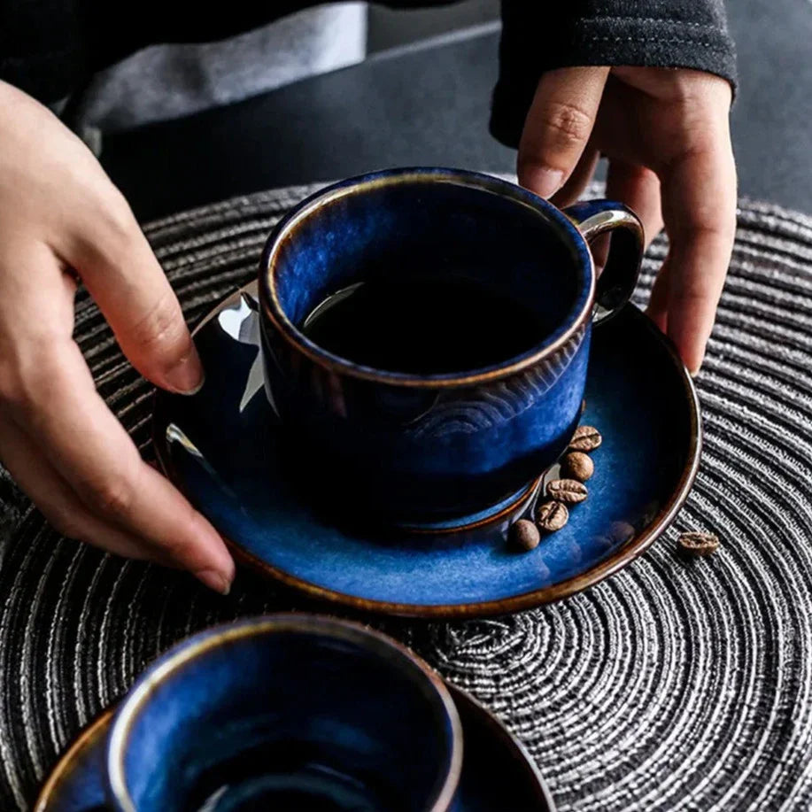 Set of 2 Mug and Saucer - Handmade with Blue Wood-like Colour