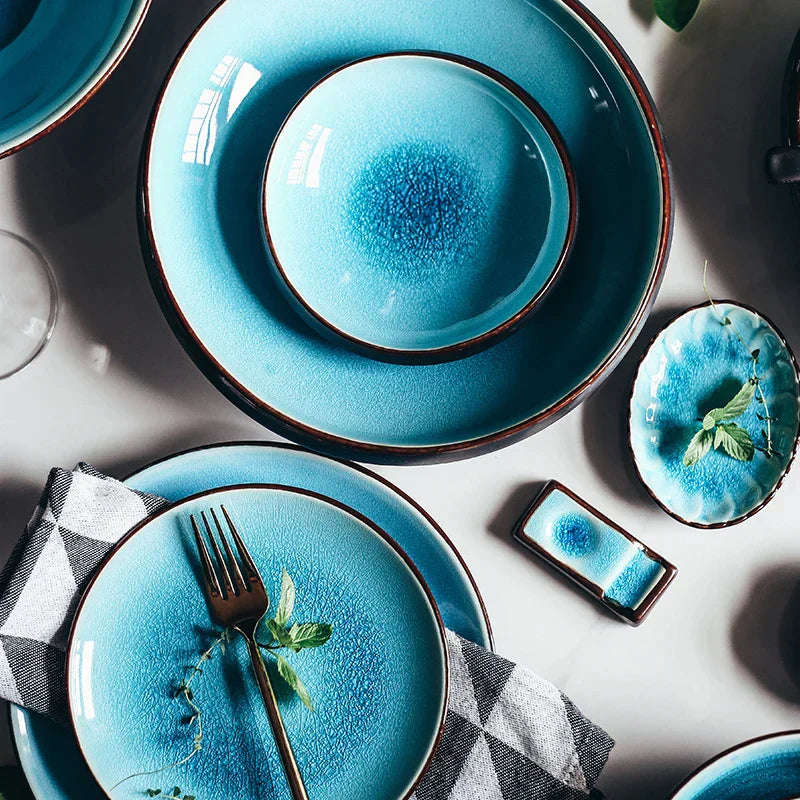 Set of Blue Resin Glaze Tableware - Ice Crack Effect