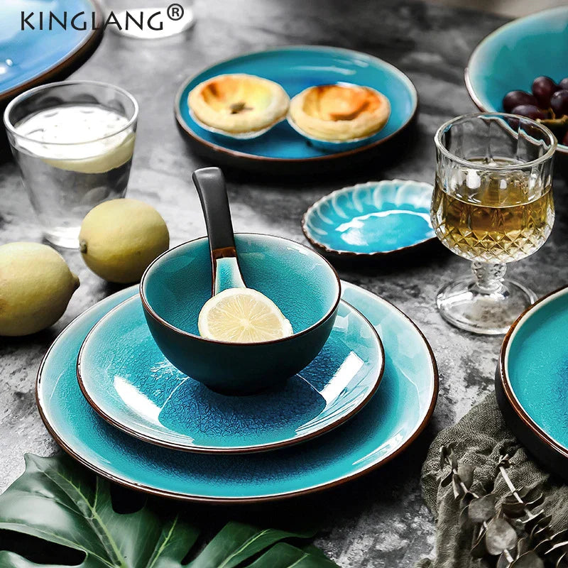 Set of Blue Resin Glaze Tableware - Ice Crack Effect