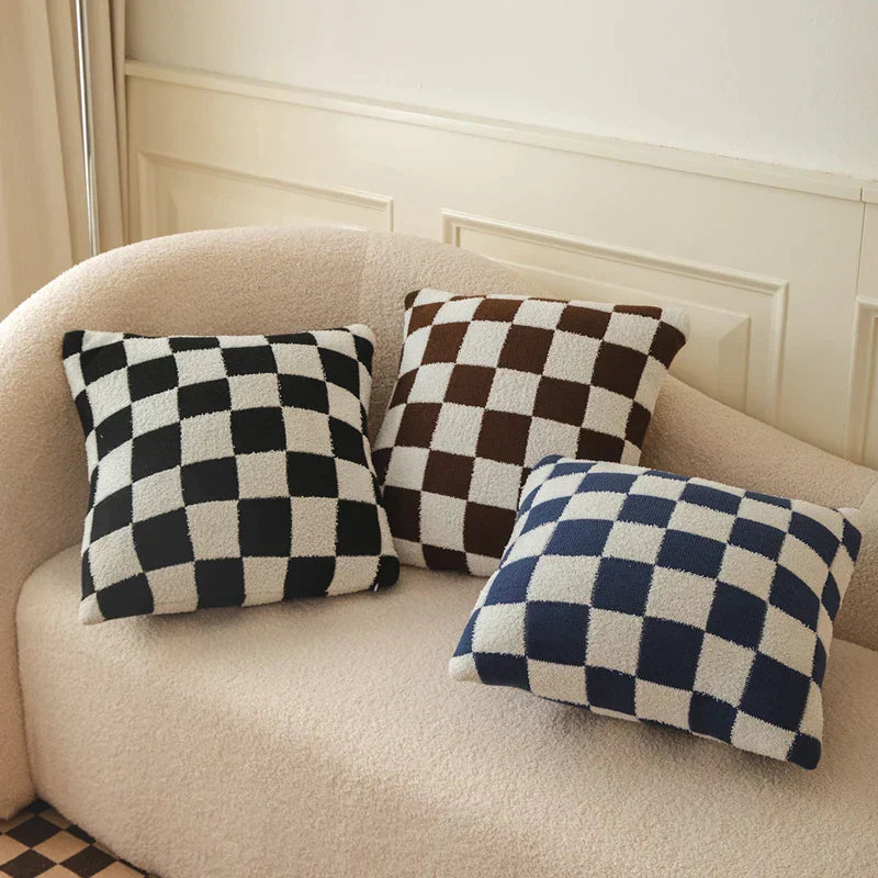 Square Cushion Cover with Check Pattern in Black, Orange and Green - Made from 100% Polyester