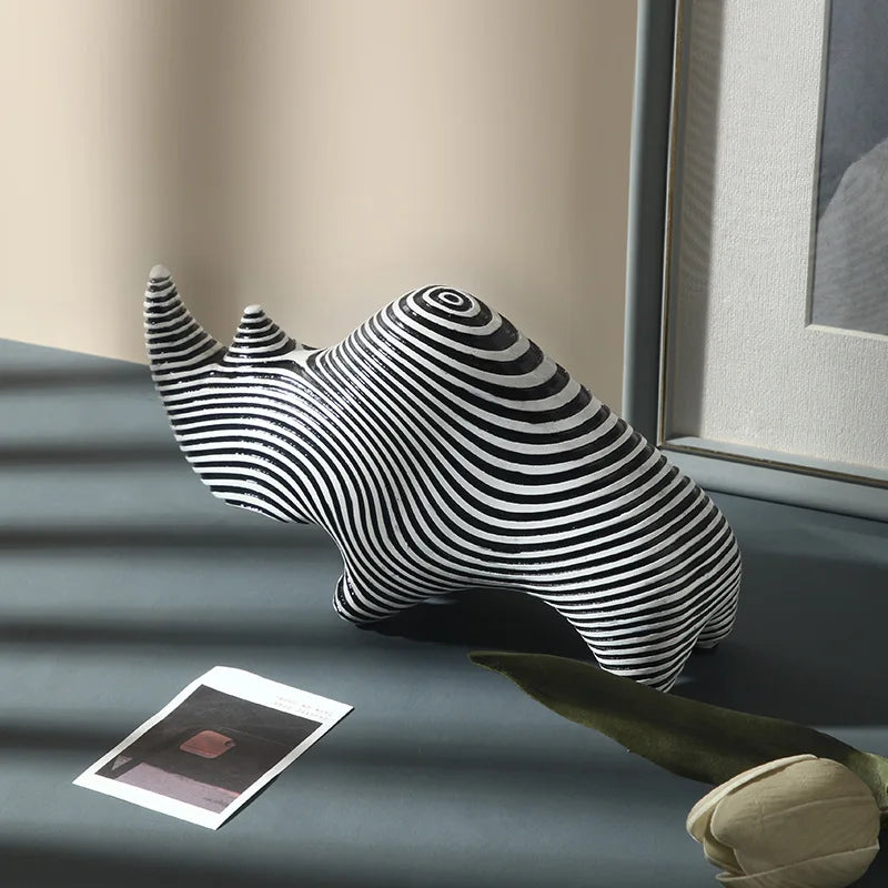 Black and White Rhino Decorative Figure - Modern Resin Art for Living Room and Office