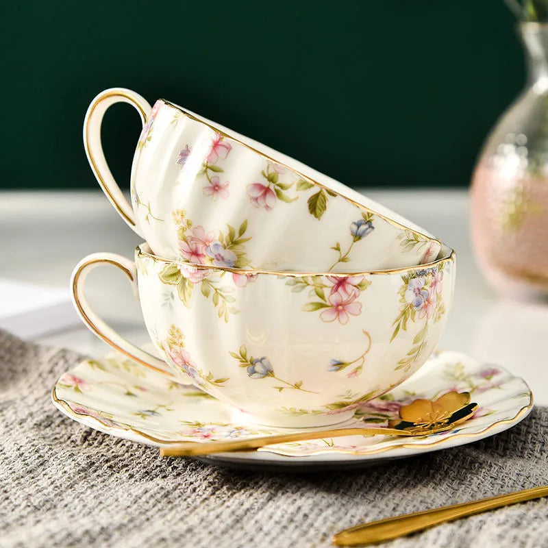 Elegant Floral Tea Cup Set with Spoon and Saucer