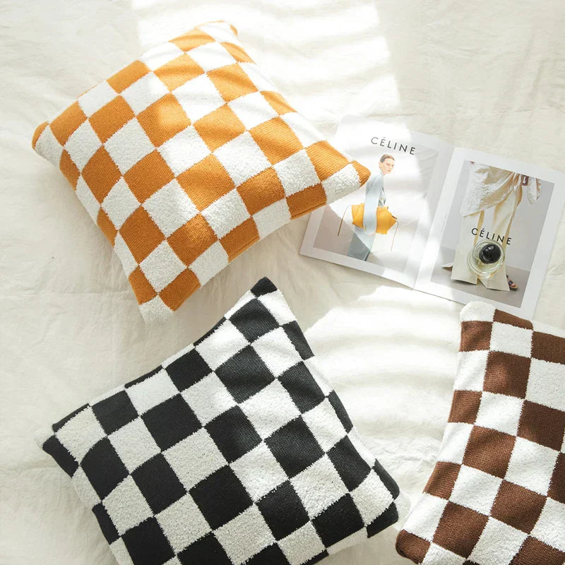 Square Cushion Cover with Check Pattern in Black, Orange and Green - Made from 100% Polyester