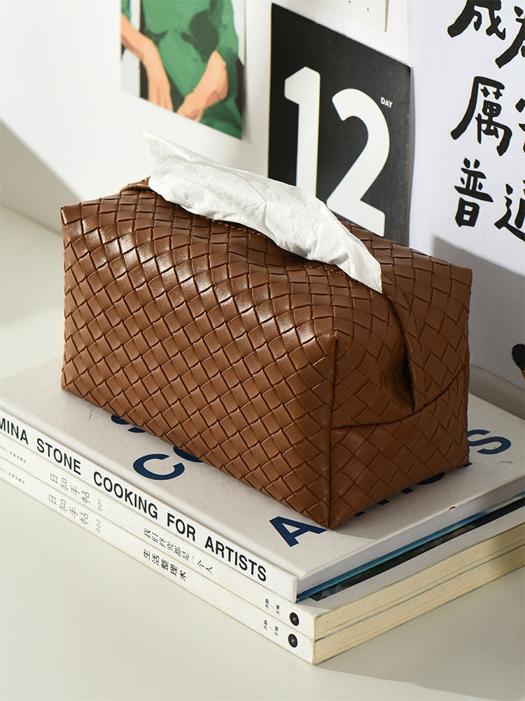 Woven Leather Tissue Holder - Modern and Decorative Table Accessory