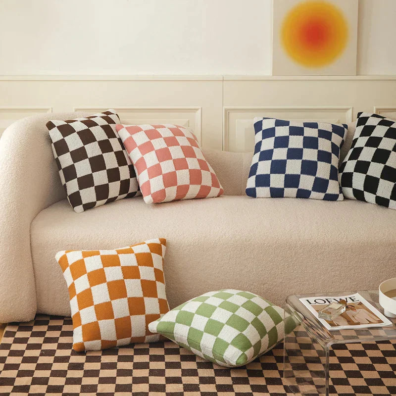 Square Cushion Cover with Check Pattern in Black, Orange and Green - Made from 100% Polyester