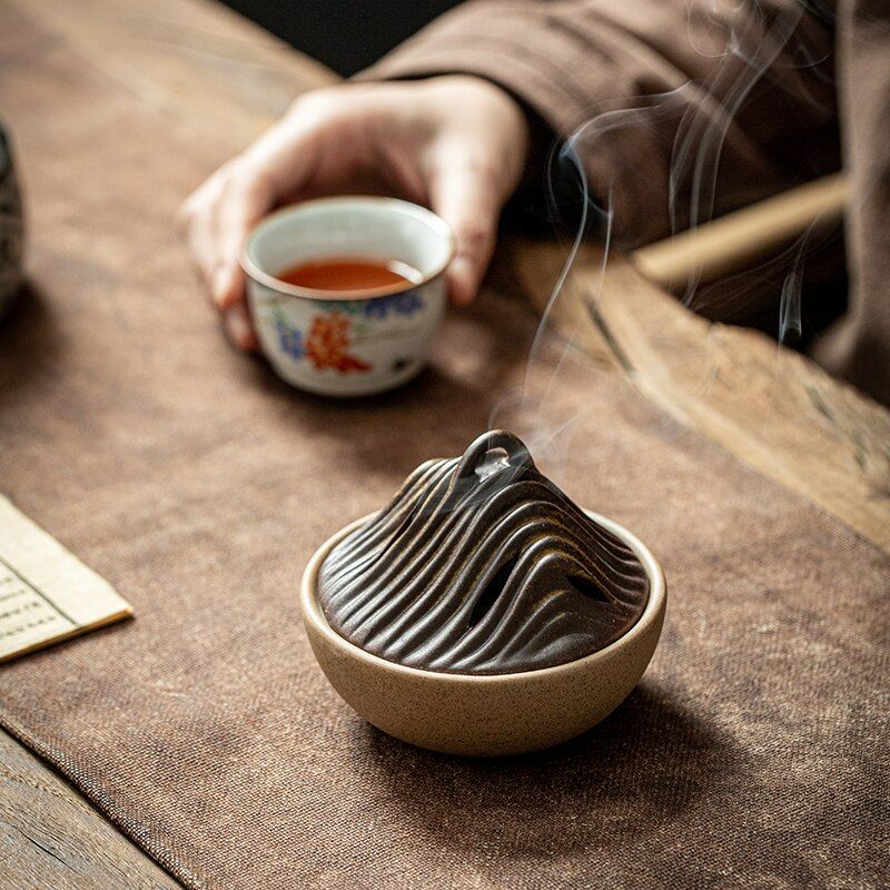 Japanese Handmade Ceramic Incense Holder 10.2 cm - Unique Mountain Design