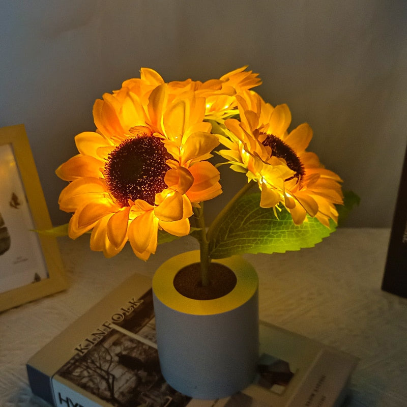 LED Table Lamp with Sunflowers – Atmospheric Night Light with 24 LEDs, USB Rechargeable, Ideal for Bedroom, Desk or Gift