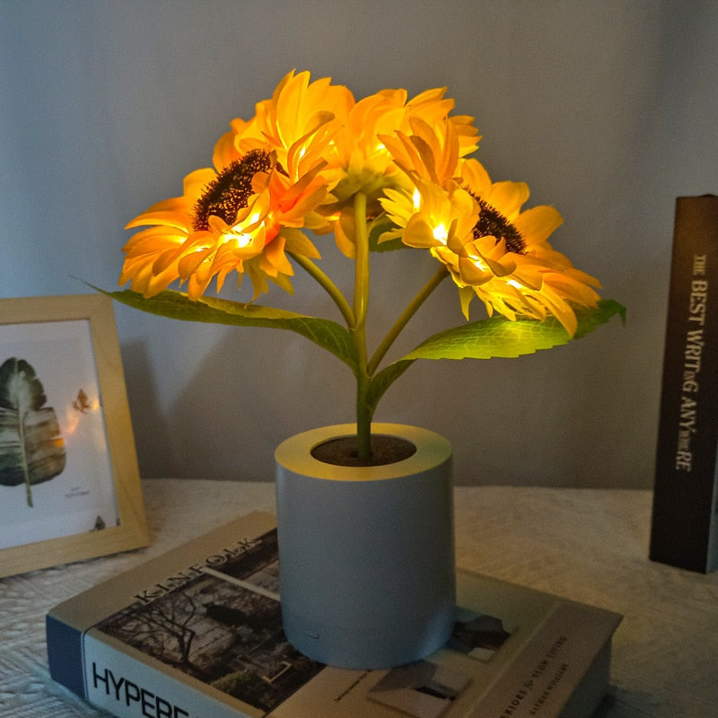 LED Table Lamp with Sunflowers – Atmospheric Night Light with 24 LEDs, USB Rechargeable, Ideal for Bedroom, Desk or Gift