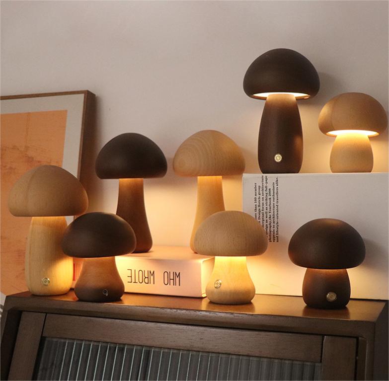 VerdaMuse Wireless Table Lamp with Wood Effect and Mushroom Shape - Compact and Convenient