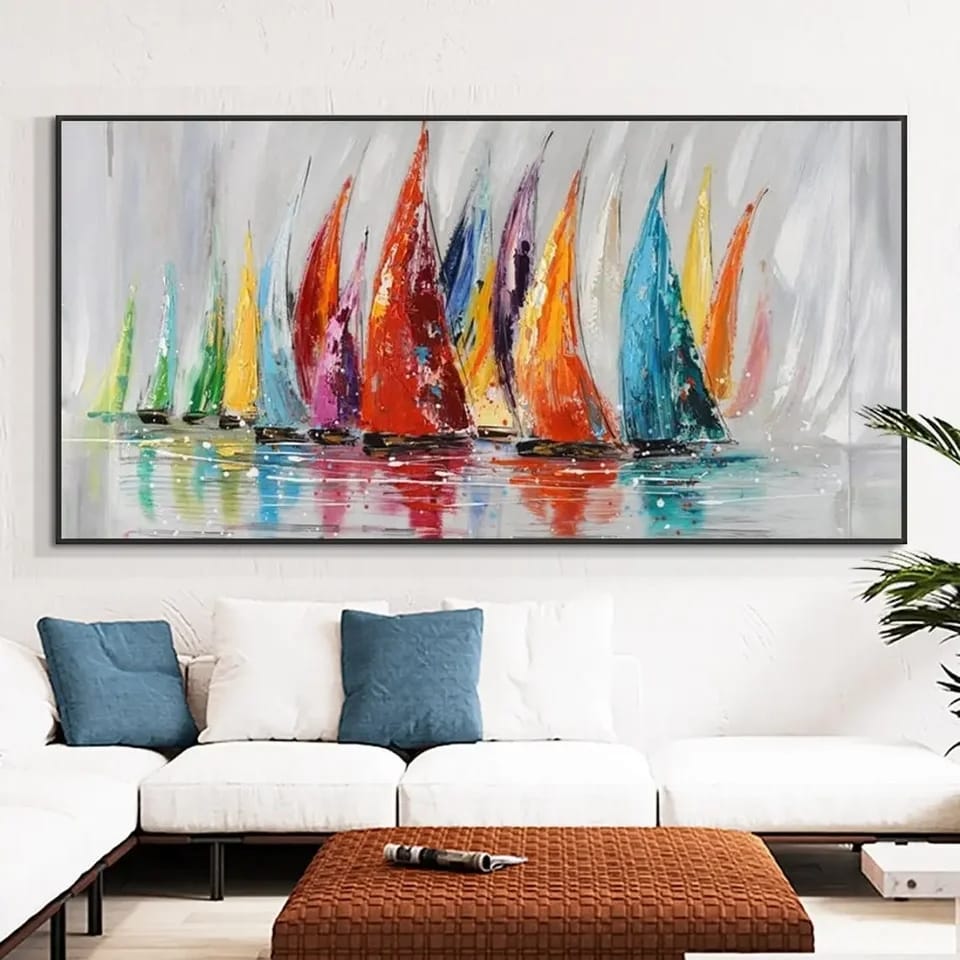 Canvas Painting - Colourful Sailing Boats with Wooden Frame