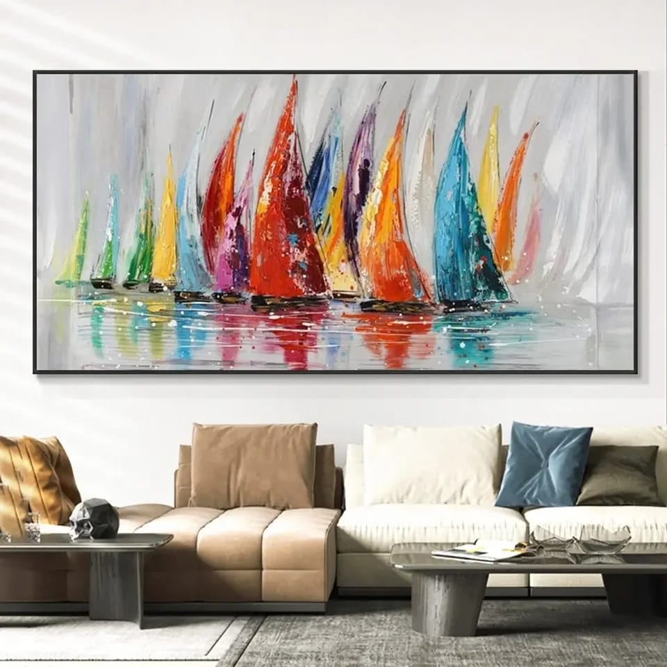 Canvas Painting - Colourful Sailing Boats with Wooden Frame