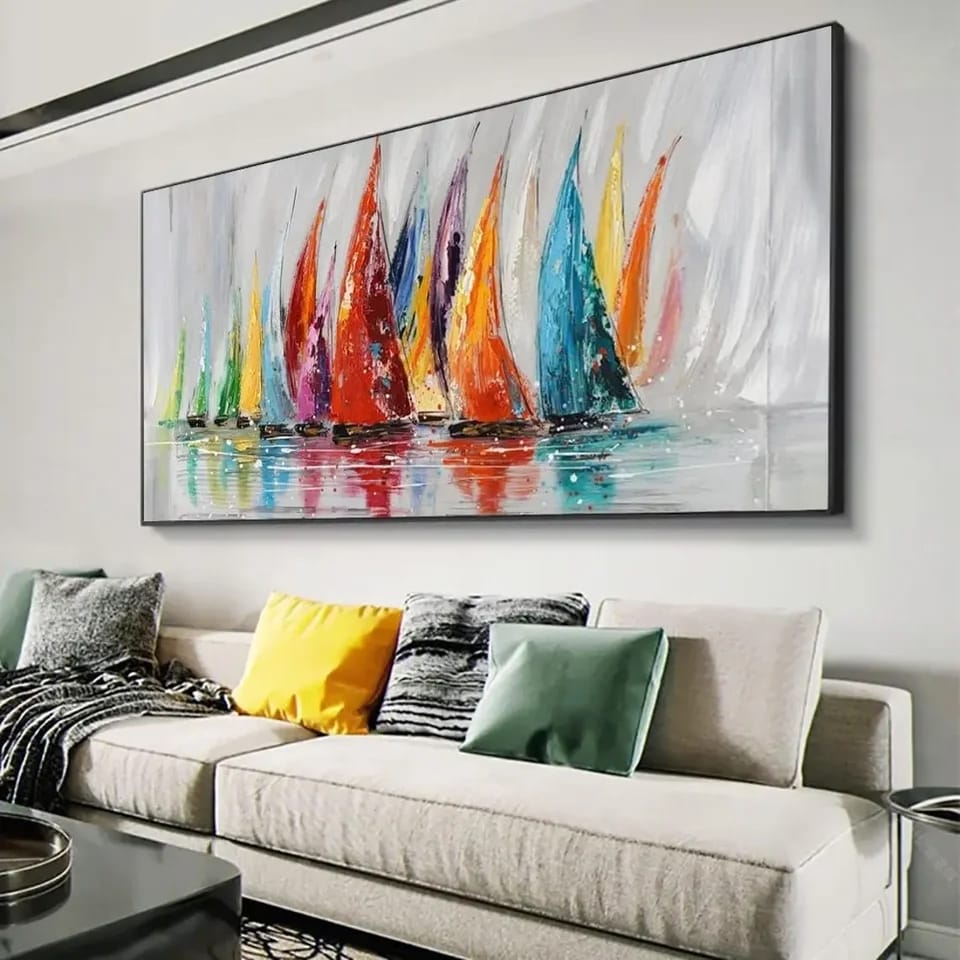 Canvas Painting - Colourful Sailing Boats with Wooden Frame