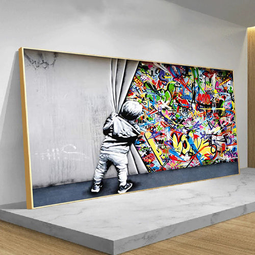 Canvas painting with Banksy-style street art – Wooden frame, high-quality print