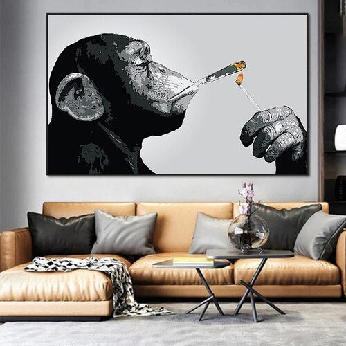 Monkava Painting with Smoking Monkey - Canvas with Wooden Frame