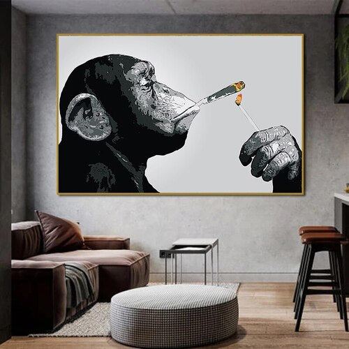 Monkava Painting with Smoking Monkey - Canvas with Wooden Frame