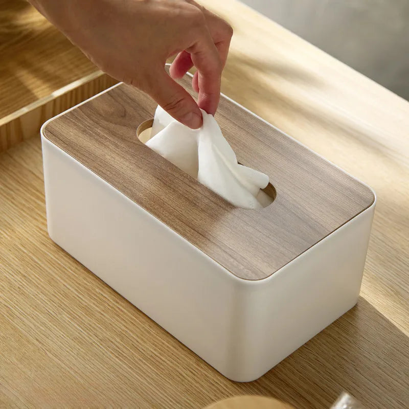 Bamboo Tissue Holder with White Design and Natural Lid