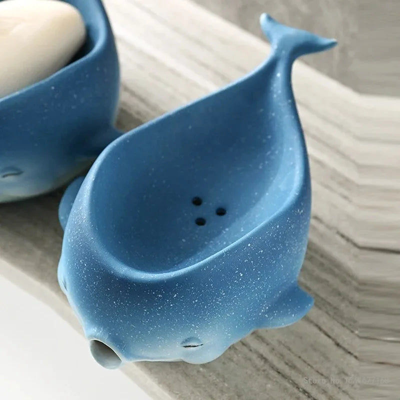 Whale-Shaped Soap Holder - Ocean Blue Ceramic - For a Dry and Clean Bathroom