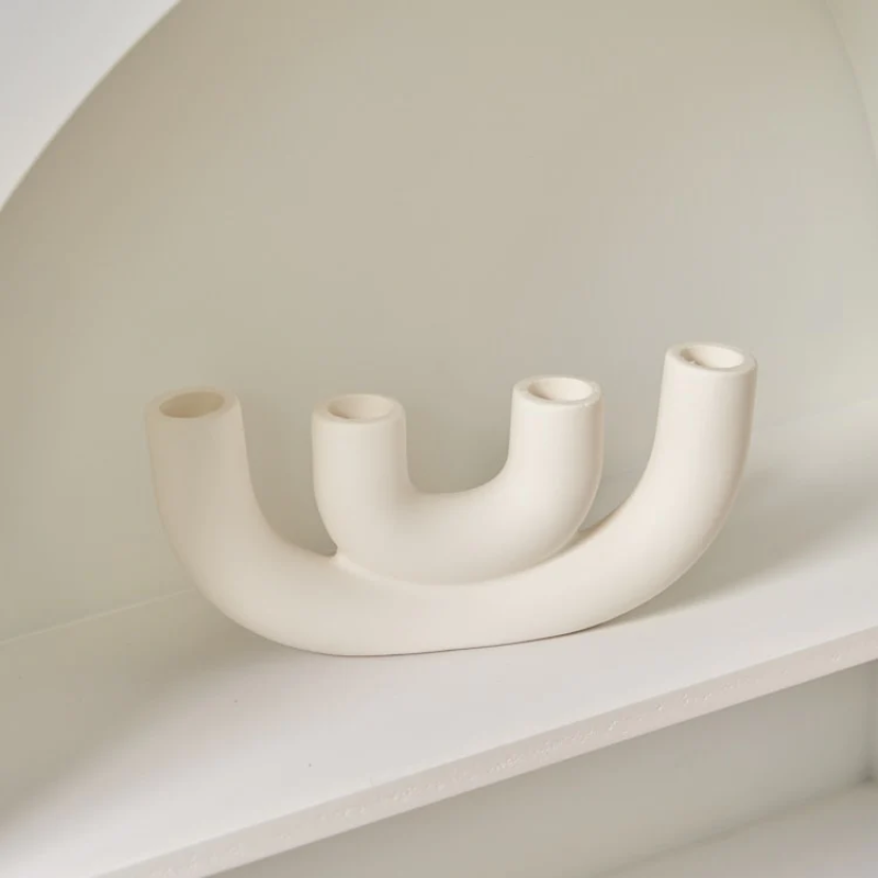 Off White Curved Ceramic Candle Holder - Modern Sculptural Candle Holders