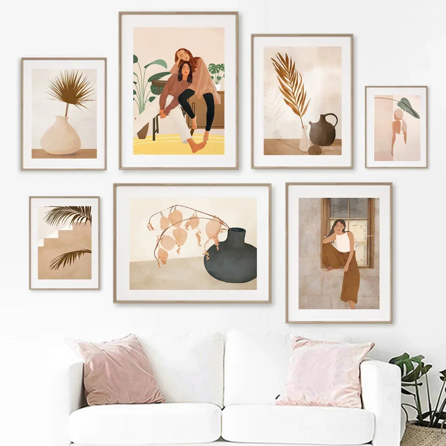 Simple Scandinavian Wall Decor - Fashion Girl Poster with Palm Leaves in Bohemian Style, Perfect for Bedroom or Living Room