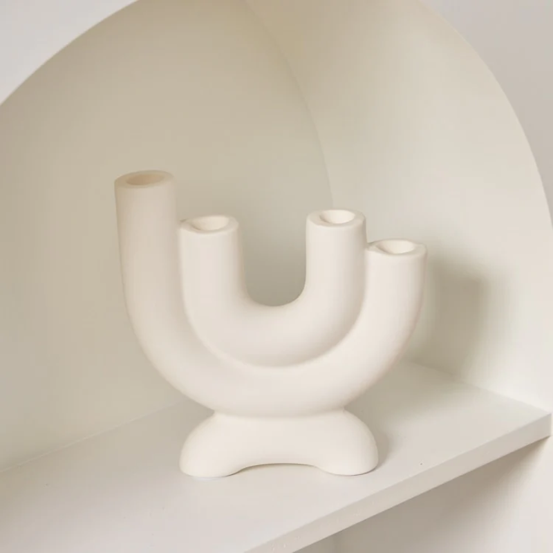 Off White Curved Ceramic Candle Holder - Modern Sculptural Candle Holders